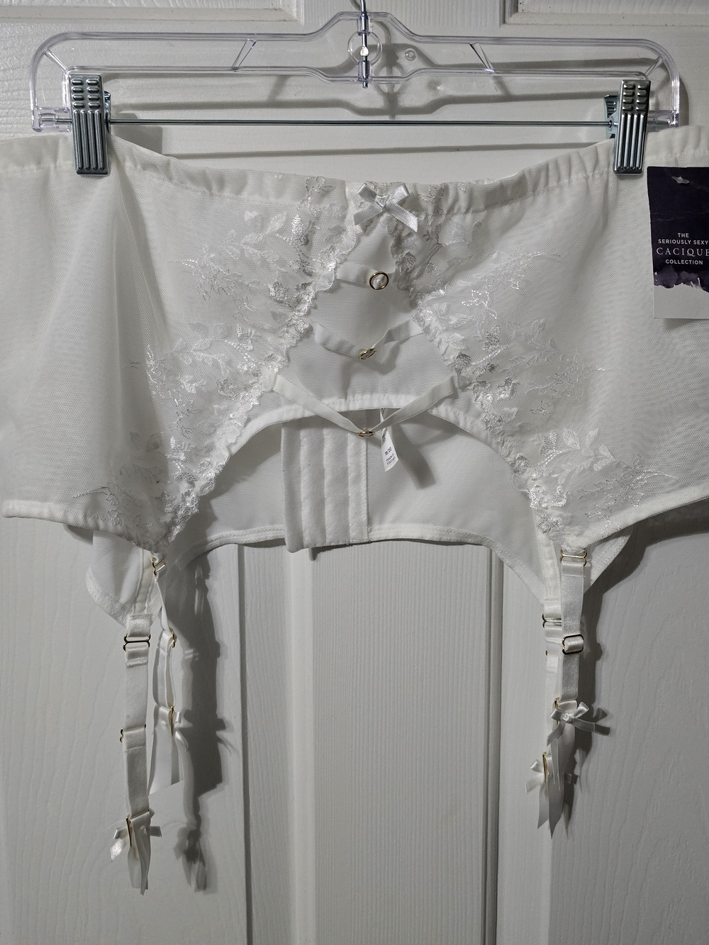Cacique White Lace-Front Garter Belt with Satin Bow Accents